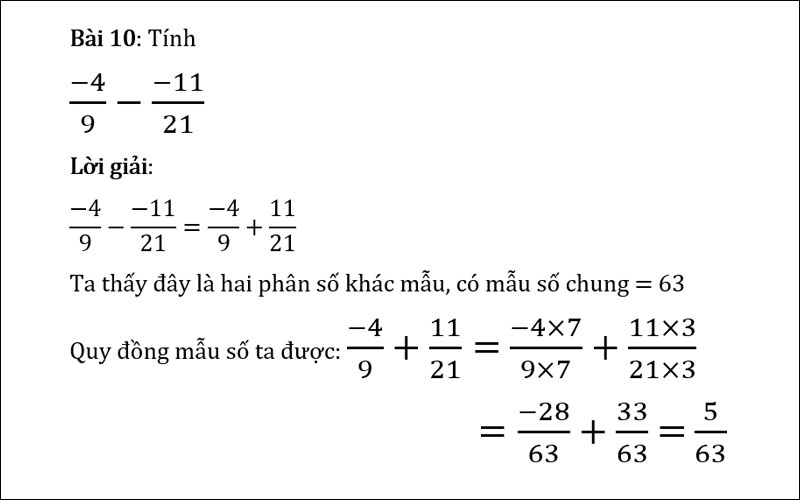Bài tập 10 về phép trừ phân số 
